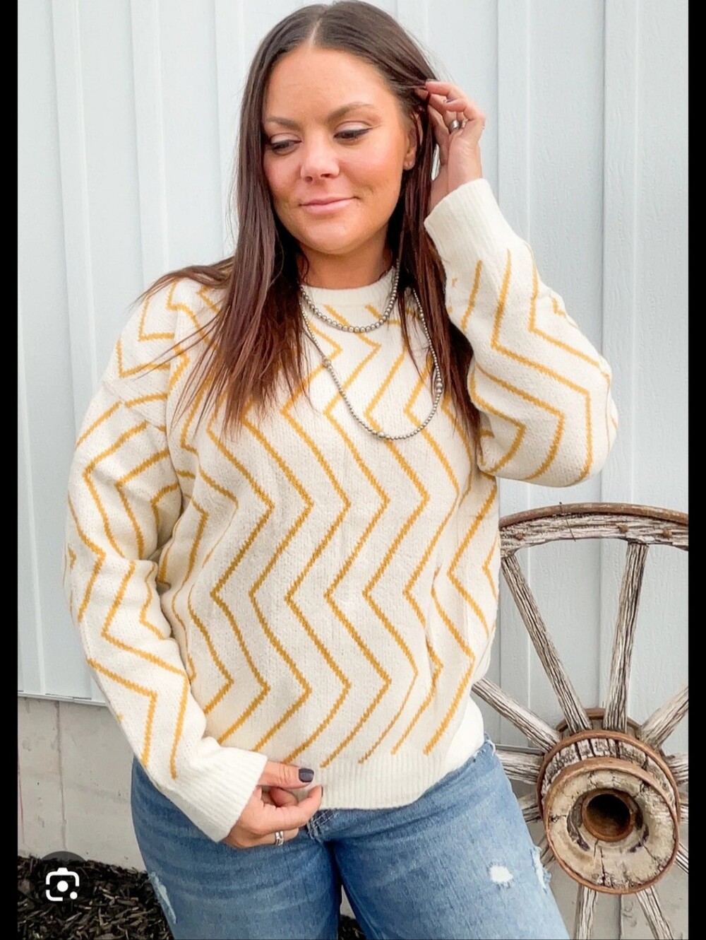 Women's Cream Chevron Crewneck Sweater with Yellow Accent